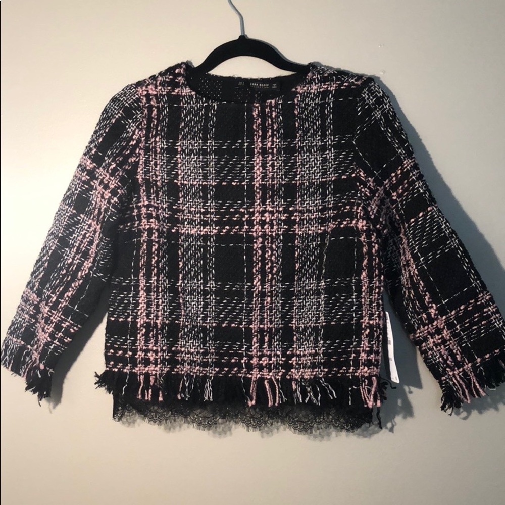 Zara Pink and Black Tweed Top w/ Lace Trim